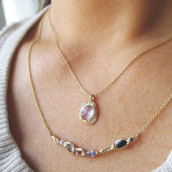 Ama Unicorn Necklace made with Sapphire, moonstone, labradorite, amethyst and tanzanite on a Woman's Neck.