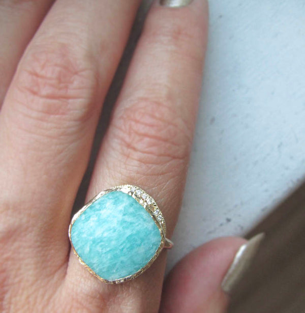 14k Amazonite Cove Ring with a twinkling strip of pavé-set white round brilliant diamonds.