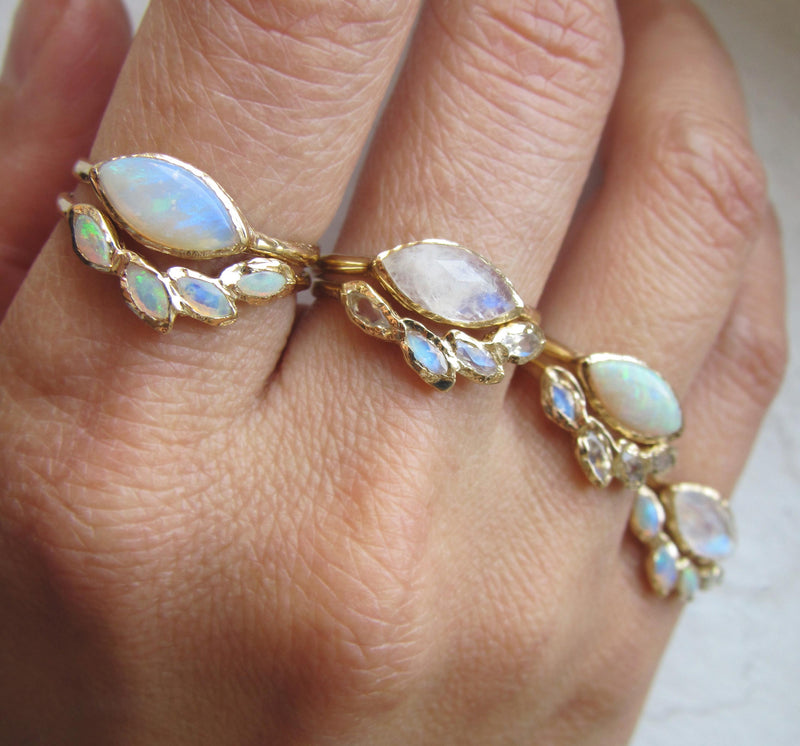 14K Yellow Gold Petal Opal Moonstone Ring as a Set of Four.