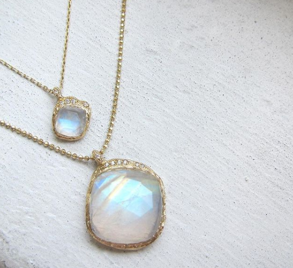 Mini and large cove moonstone necklace with white round brilliant diamonds.
