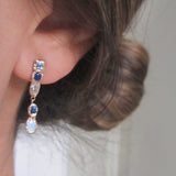 14K Waterfall Lapis Earrings on Woman's Ear.