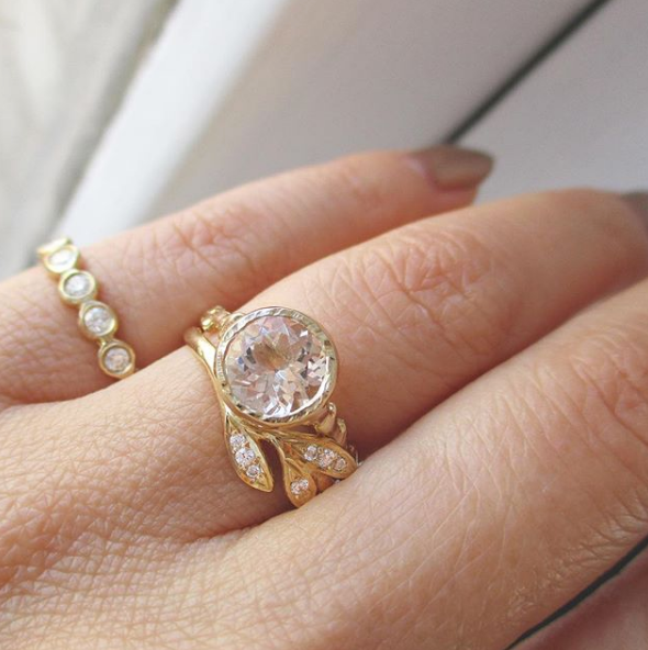 7mm Morganite Bloom Ring Combined with two other Gold Rings.