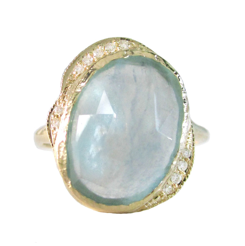Handcrafted 14K yellow gold rose cut aquamarine and diamond ring