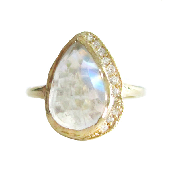 14K yellow gold one of a kind Big Raindrop Moonstone Ring