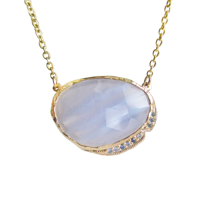 14K yellow gold blue lace agate necklace with blue sapphires