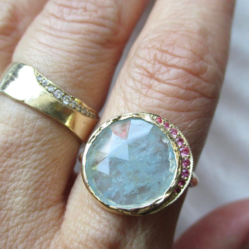 14K yellow gold One of a Kind Aquamarine Pink Sapphire Crescent Ring
