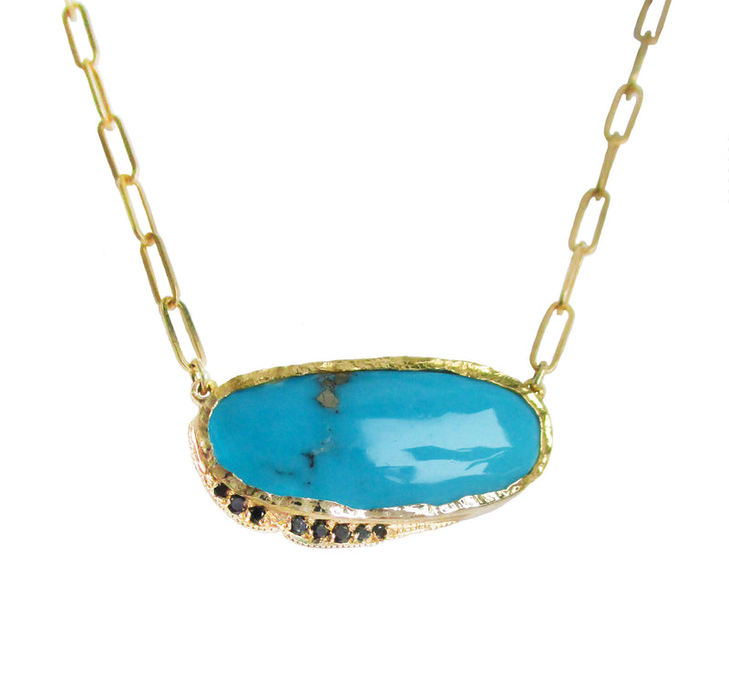 14K yellow gold turquoise necklace with black diamonds Kingman Turquoise