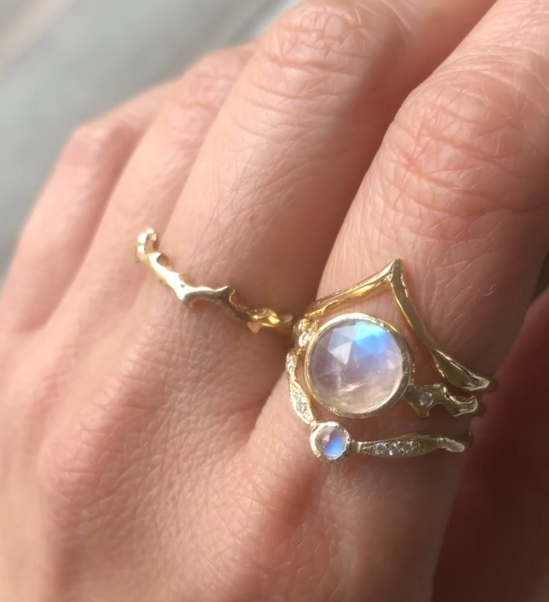 Misa Jewelry Beak Ring Morro Moon ring Lookout Point Moonstone Ring stack 14K gold