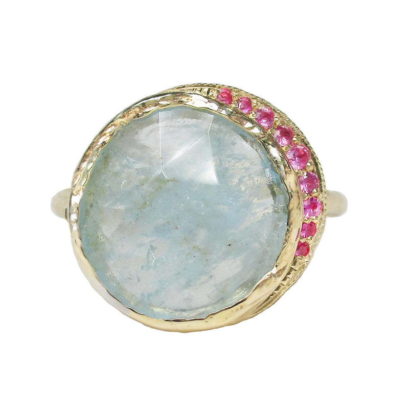 14K yellow gold One of a Kind Aquamarine Pink Sapphire Crescent Ring