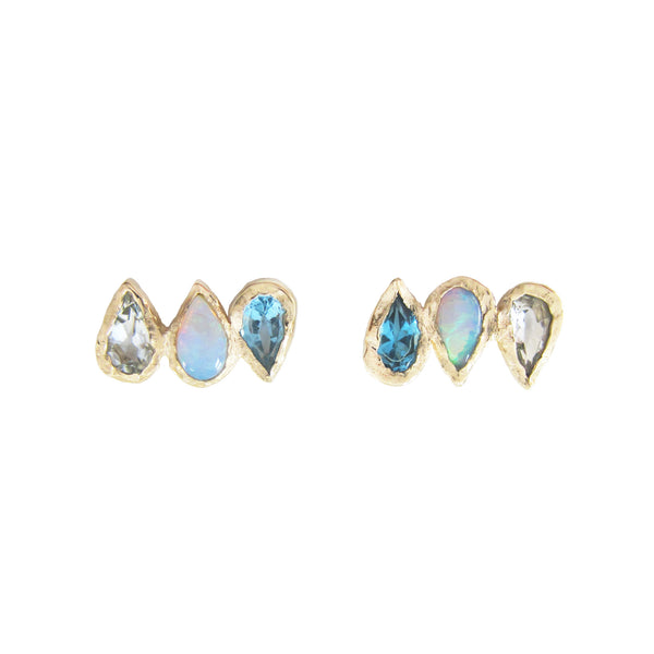 Rising Unicorn Earrings made with Aquamarine, opal and blue topaz.