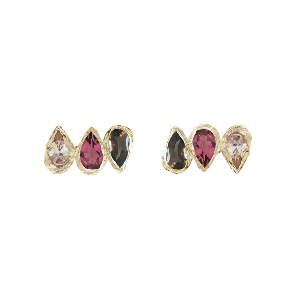 Rising Phoenix Earrings made with Morganite, pink tourmaline and smoky quartz.