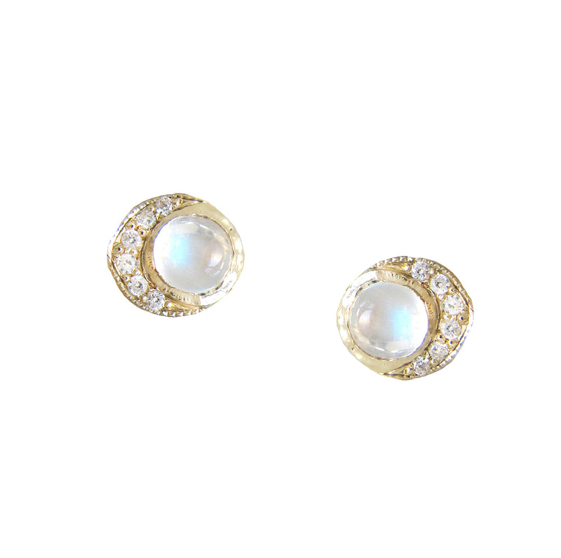 Baby moon earrings with white round brilliant diamonds and rainbow moonstone.
