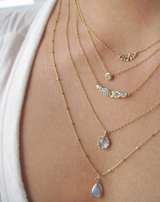 5 14K Moonstone Necklaces on woman's neck.