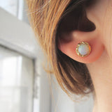 14K Fire Coral Opal Earrings on Woman's Ear. 