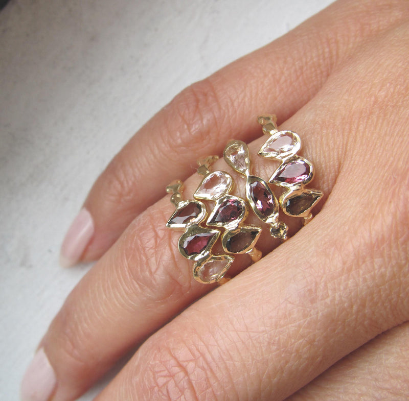 Marina phoenix Ring with morganite, pink tourmaline and smoky quartz with part of collection.