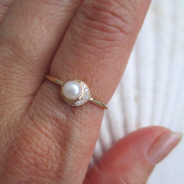 Misa Jewelry Baby Moon Pearl Ring 14K yellow gold diamond pearl ring on hand