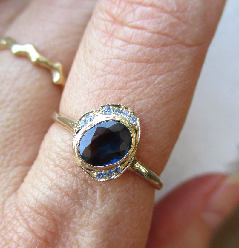 Misa Jewelry One of a kind Oasis Blue Sapphire Ring with cornflower sapphire 14K gold ring on hand