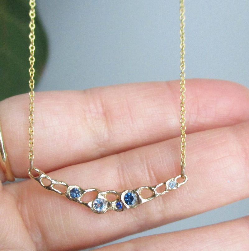 Misa Jewelry Tide Pool Blue Necklace sapphire aquamarine blue topaz 14K gold necklace
