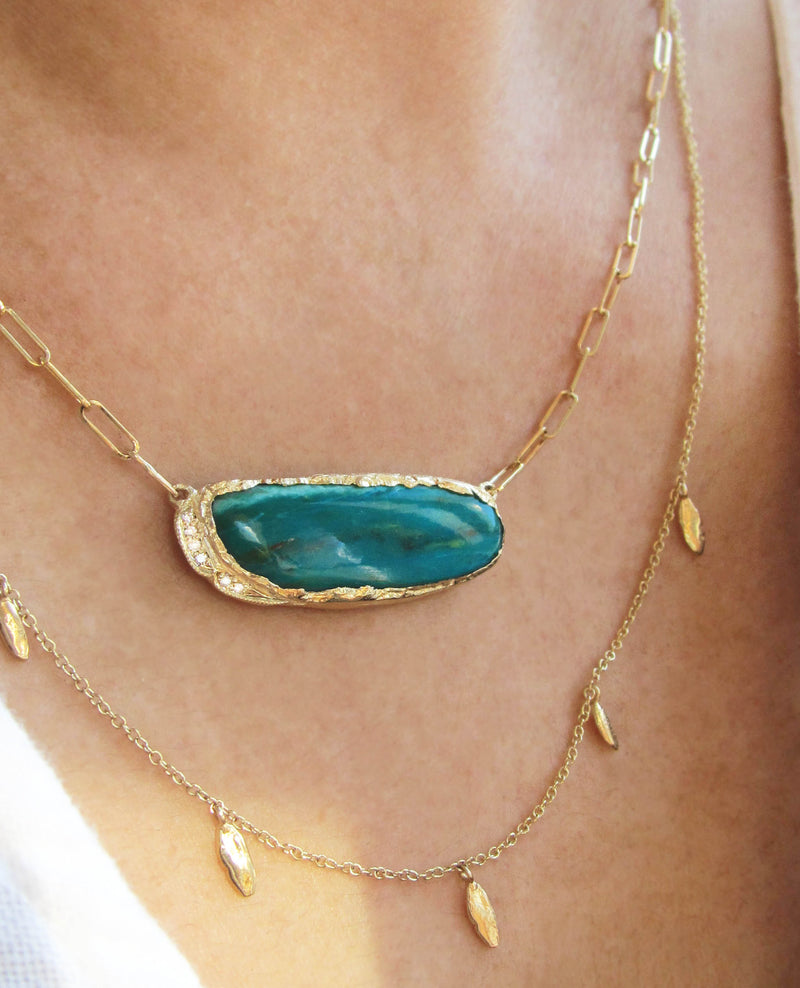 Peruvian Opal Hidden Cove Necklace on Woman's Neck.