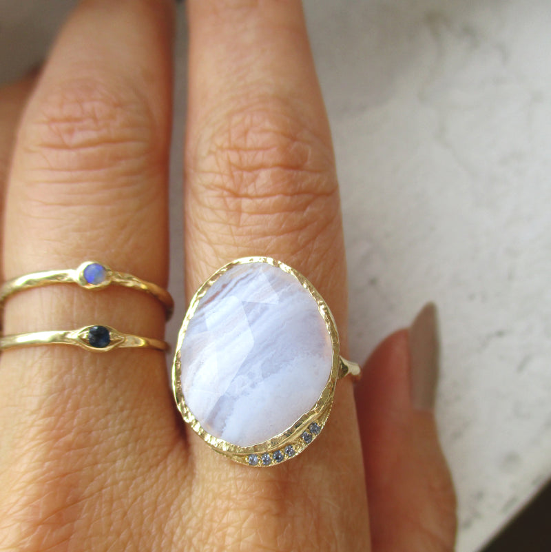 14k Blue Lace Agate Hidden Cove Gold Ring on Woman's Hand.