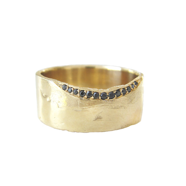 14K Yellow Gold Trail Black Diamond 9mm wide ring 