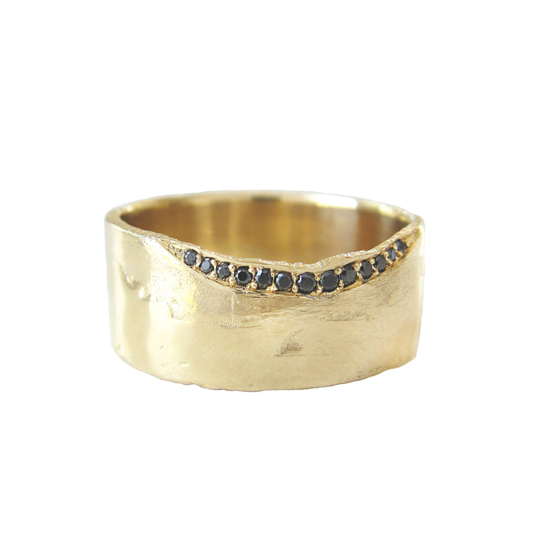 14K Yellow Gold Trail Black Diamond 9mm wide ring 