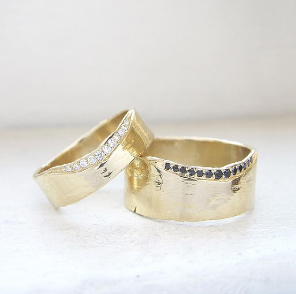 14K Yellow Gold Trail White Diamond 6mm Ring and 14K White Gold Trail Black Diamond 9mm Rings