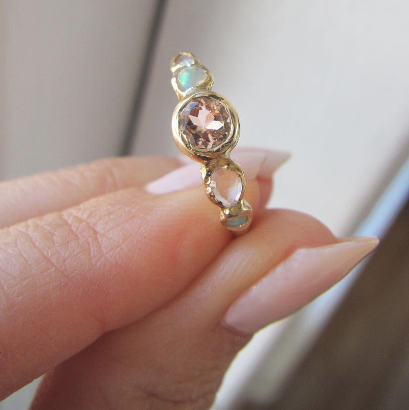 Journey Paradise Ring with Rainbow Moonstone and Opal Side Stones Top View.