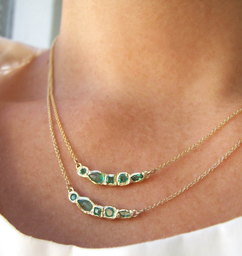Journey Treasure Emerald Necklace as a set of two on Woman's Neck.
