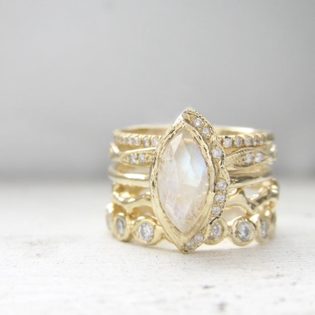 14k Yellow Gold Native Moonstone Ring Combined with Other Four Rings.