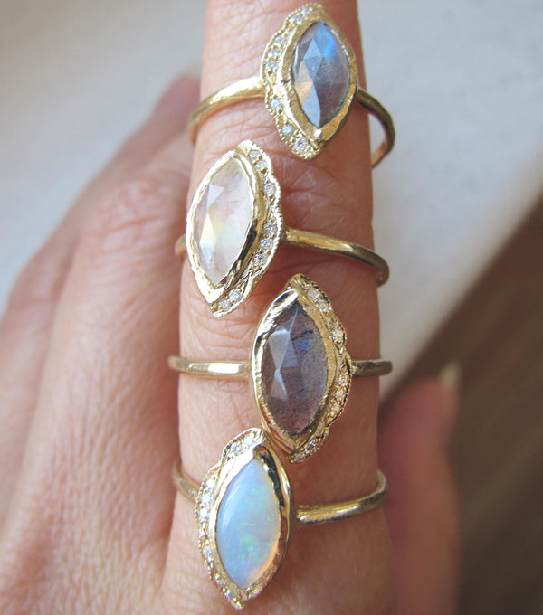 14K Gold Native Labradorite Ring Staggered on Woman's Hand.