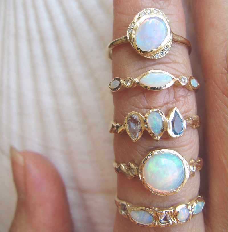 Oasis Opal Ring with White Round Brilliant Diamonds Top Angle View. 