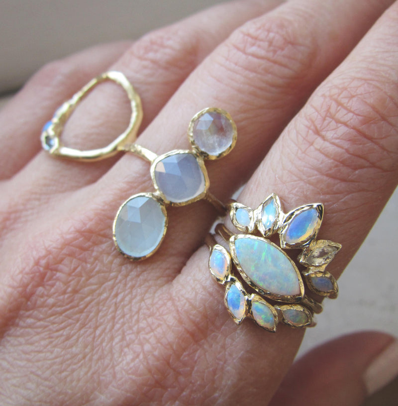 Palm Paradise Ring with Faceted Rainbow Moonstone and Opal Side Stones as a Mirrored Set.