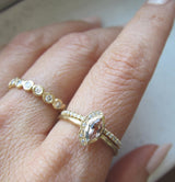 Petite Native Morganite with White Round Brilliant Diamonds on Woman's Hand.