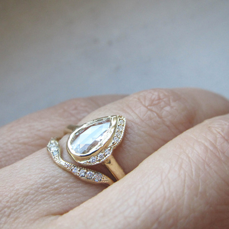 Pear-shaped Raindrop Rosecut Diamond Ring as a Set.