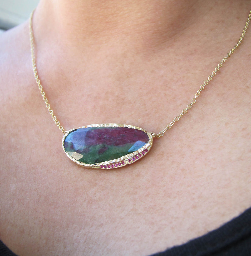 14k Yellow Ruby Zoisite Hidden Cove Necklace on Woman's Neck.
