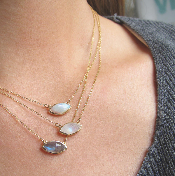 Tribe Moonstone Necklace as a Set of Three on Woman's Neck.