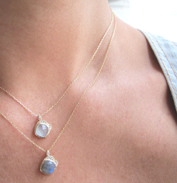 Mini cove labradorite necklace with white round brilliant diamonds on woman's neck.