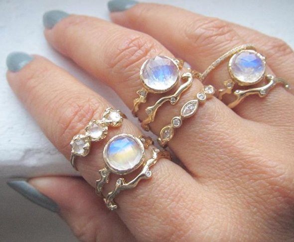 14K Mini Haku Lei 3 Moonstone Ring with Larget Collection.