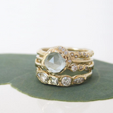 14K Mini Cove Aquamarine Ring with twinkling strip of pavé-set diamonds.combined with more diamond rings.