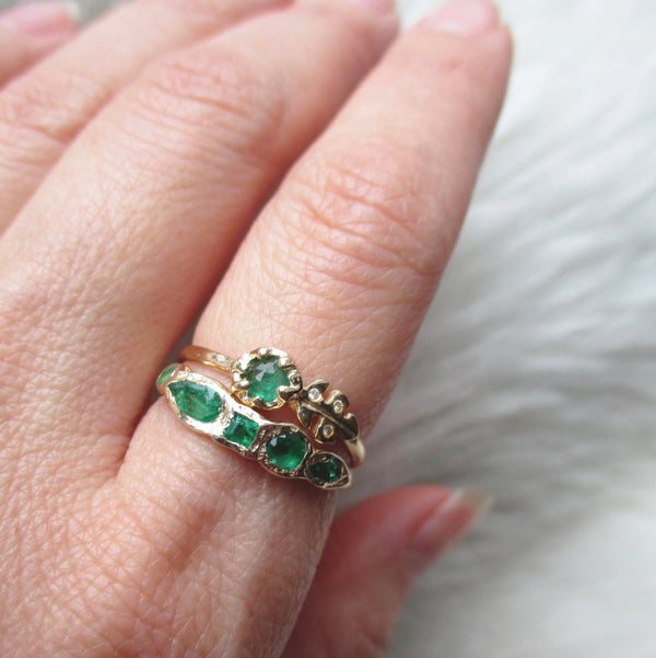 14K yellow gold Journey Treasure Emerald Ring wtih Floret Emerald Ring on hand