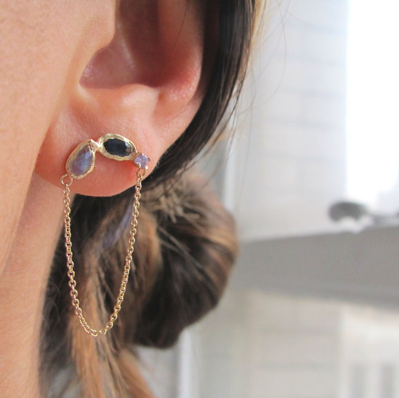 Ama Arch Unicorn Earrings Tanzanite, navy sapphire, labradorite on Woman's Ear.