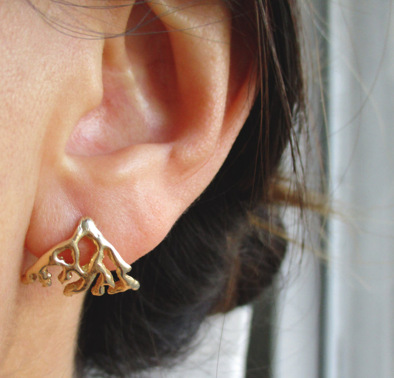 14K Yellow Gold Fan Earrings on Woman's Ear.