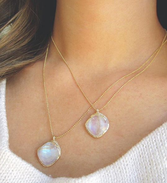Two Moonstone Cove Necklaces with White Round Brilliant Diamonds on Woman's Neck.