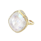 Moonstone Yellow Gold Ring with white round brilliant diamonds.