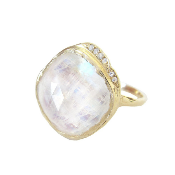 Moonstone Yellow Gold Ring with white round brilliant diamonds.