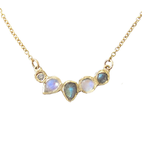 Grey diamond, labradorite and rainbow moonstone gold necklace. 