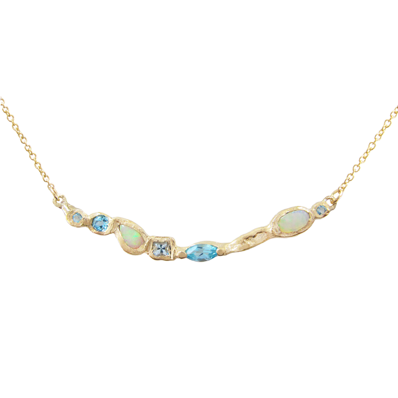 Ama Mermaid Necklace made with Opal, blue topaz and aquamarine.