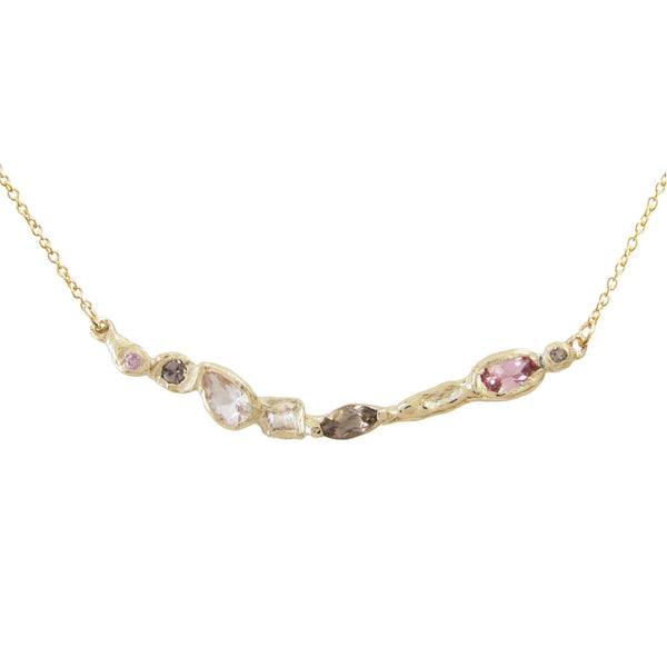 Ama Phoenix Necklace made with Morganite, smoky quartz, white topaz, pink sapphire and pink tourmaline.