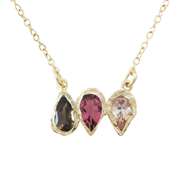 Rising Phoenix Necklace made with Morganite, pink tourmaline and smoky quartz. 